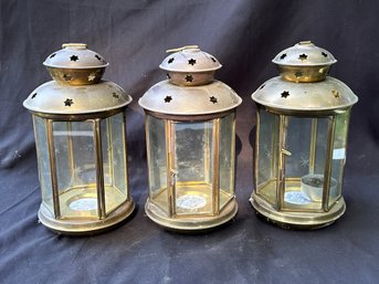 Brass Etched Glass Hanging Lanterns With Star Cutouts, 3 Pcs