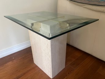 Postmodern Travertine And Glass Accent Tables Brass Accents - 2 PCS