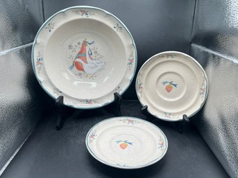 Vintage International China Stoneware 'Marmalade' Style Large Serving Bowl & Saucers - 3 PCS