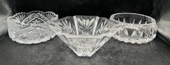 Vintage Cut Glass & Crystal Nut Bowl Trio - Starburst And Diamond Patterns - 3 Pieces