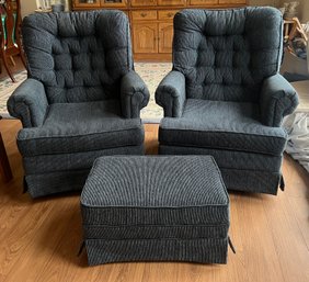Pair Of Vintage 1980s Tufted Swivel Rocker Club Chairs With Matching Ottoman