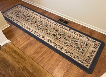Traditional Floral Hallway Runner Rug Blue Border With Burgundy & Cream Botanical Motif