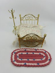 Vintage 1:12 Scale Miniature Brass Bed Set With Crocheted Rug
