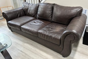 Plush Dark Brown Leather Sofa With Rolled Arms