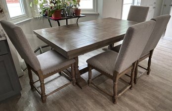 Weathered Gray Trestle Table & 6 Upholstered Nailhead Chairs, 7 Pieces