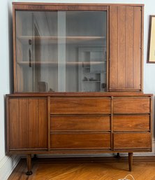 Mid-century Modern Walnut Hutch Features Sliding Glass Doors And Spacious Storage