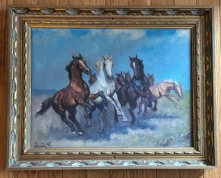 Mid-Century Oil Painting Of Galloping Wild Horses In Ornate Carved Gilt Frame, Signed