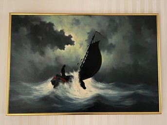 Toon Koster's Stormy Seas: A Lone Ship Battles Churning Waves Under A Moonlit Sky