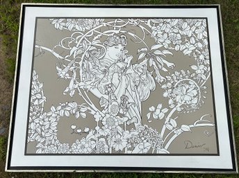 Framed Art Nouveau Line Art Reproduction After Alphonse Mucha Panel, Signed Denis '74