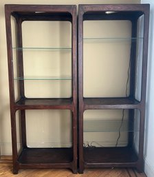 Vintage Mid-century Dark Wood Etageres With Sleek Rounded Frames And Glass Shelves - 2pcs