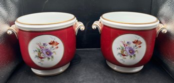 Richard Ginori Italy Porcelain Cachepots With Red And Floral Medallion Design (Pair)