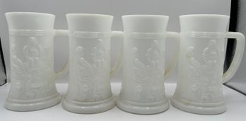 Vintage White Milk Glass Beer Steins Featuring A Tavern Scene, 4 Pcs