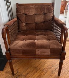 Vintage Abraham & Straus Solid Walnut Armchair With Tufted Velvet Cushions And Cane Sides