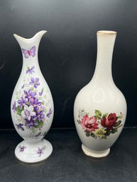 Aynsley And Crown Devon Pair Of English Porcelain Bud Vases With Wild Violets And Floral Designs