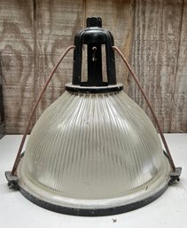 Holophane Industrial Pendant Light Prismatic Ribbed Glass Shade With Cast Iron Cap & Side Supports