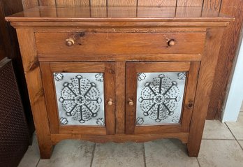 Primitive Farmhouse Style Wooden Pie Safe Cabinet Featuring Two Decorative Punched Tin Doors