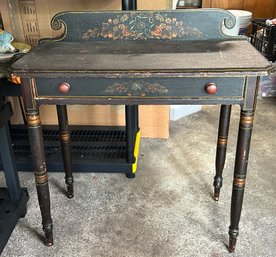 Vintage Stenciled Black Wood Writing Desk With Floral Accents