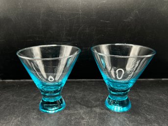 Vintage Aqua Blue Ombre Martini Glasses - Stemless V-Shape Cocktail Set Of 2