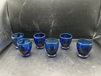 Cobalt Blue Glass Cordial Glasses With Silver Overlay, Set Of 6