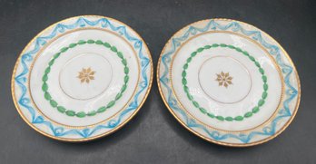 Dresden Porcelain Saucers With Blue Swirl And Green Garland Borders, 2 PCS
