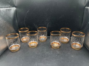 Etched Glass Shot Glasses With Gold Trim, Set Of 7