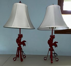 Farmhouse Red Iron Rooster Lamps With A Scrolled Quad Base, 2 Pieces