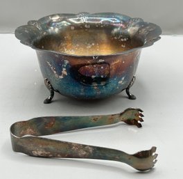 WM Rogers Silver Plated Footed Ice Bucket With A Scalloped Edge And Matching Tongs, 2 Pcs