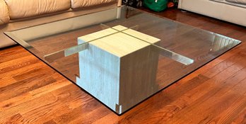Postmodern Travertine And Glass Center Coffee Table