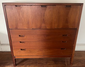 Mid-century Walnut Highboy Dresser With Geometric Veneer Doors And Sleek Recessed Handles