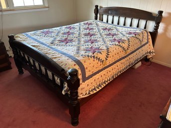 Vintage Turned-Post Dark Wood Queen Bed Frame