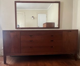 1960s Walnut Mid-century Modern Lowboy Dresser With Matching Wall Mirror.