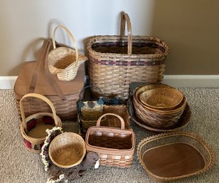 Handcrafted Wood Basket Storage Lot - Lidded Picnic, Pie Carrier & Round Accent Bowls