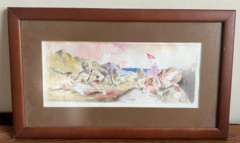 Signed Watercolor Painting Of A Historic Coastal Battle Scene Featuring Colonial Soldiers
