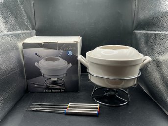 Godinger 6-Piece Ceramic Fondue Set With Chrome Stand And Color-Coded Forks
