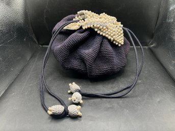 Beaded Knit Drawstring Evening Pouch Bag