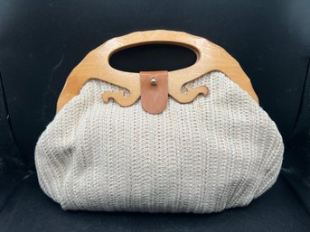 Cream Knit Handbag With Carved Wooden Handles