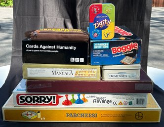 Assorted Board Games: Cards Against Humanity, Boggle, Sorry!, Parcheesi & More, 9 Pcs