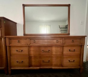 Vintage Honey-brown Triple Dresser With Nine Drawers And Matching Attached Mirror.