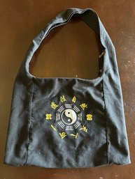 Black Canvas Shoulder Bag With Embroidered Yin Yang And Chinese Characters