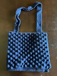 Blue Crochet Bobble Stitch Handbag With Flap And Shoulder Straps