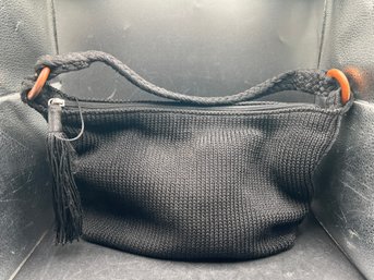 Lina Black Knit Shoulder Bag With Wooden Rings And Tassel