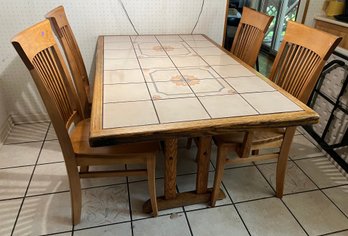 Wooden Dining Table With Tiled Top And Four Matching Chairs – 5 Pieces