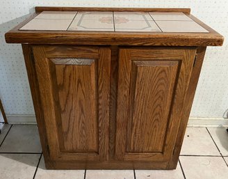 Wooden Storage Cabinet With Tiled Floral Top And Two Doors