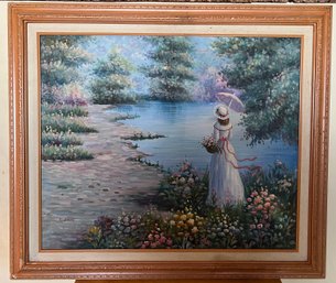 R. Davis Signed Victorian Impressionist Oil Painting Of Lady By A Lake