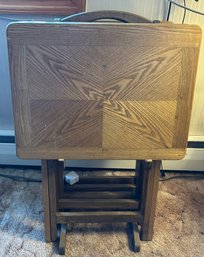 Mid-Century Wooden TV Tray Set With Storage Stand Sunburst Veneer Folding Tables, 4 Pcs