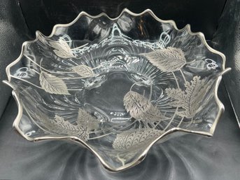 Silver Overlay Footed Glass Bowl With Leaf Motif