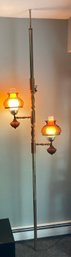 MCM Vintage Tension Pole Lamp W/ Amber Quilted Glass Hurricane Lights