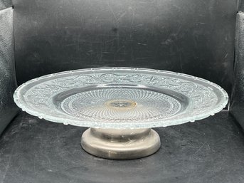 Tiara Glass Sandwich Pattern Cake Stand With Silver-Tone Pedestal