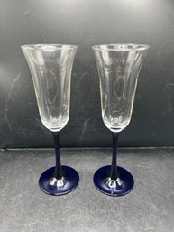 Cobalt Blue Stem Clear Bowl Champagne Flutes - Set Of 2