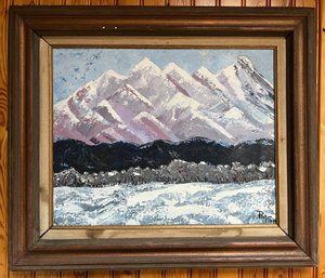 Vintage Oil Painting Snowy Mountain Landscape Signed RMS Framed Mid Century Winter Scene